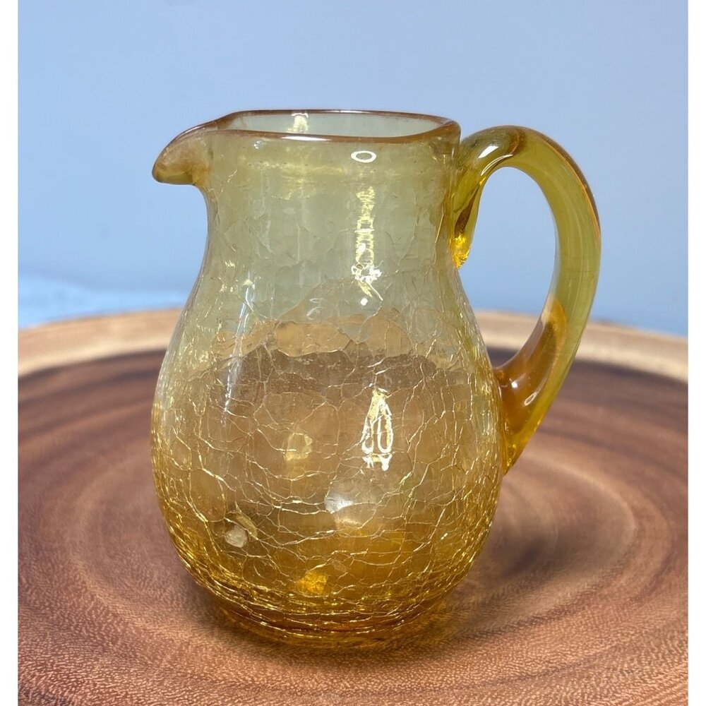Hand Blown Amber Crackle Glass Miniature Pitcher with Handle 1970s